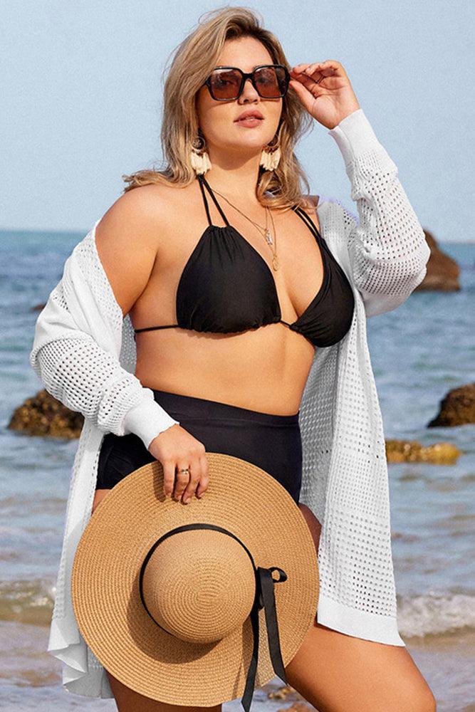 HN Women Plus Size Hollowed-out Cardigan Long Sleeve Open Front Knitwear - Hanna Nikole