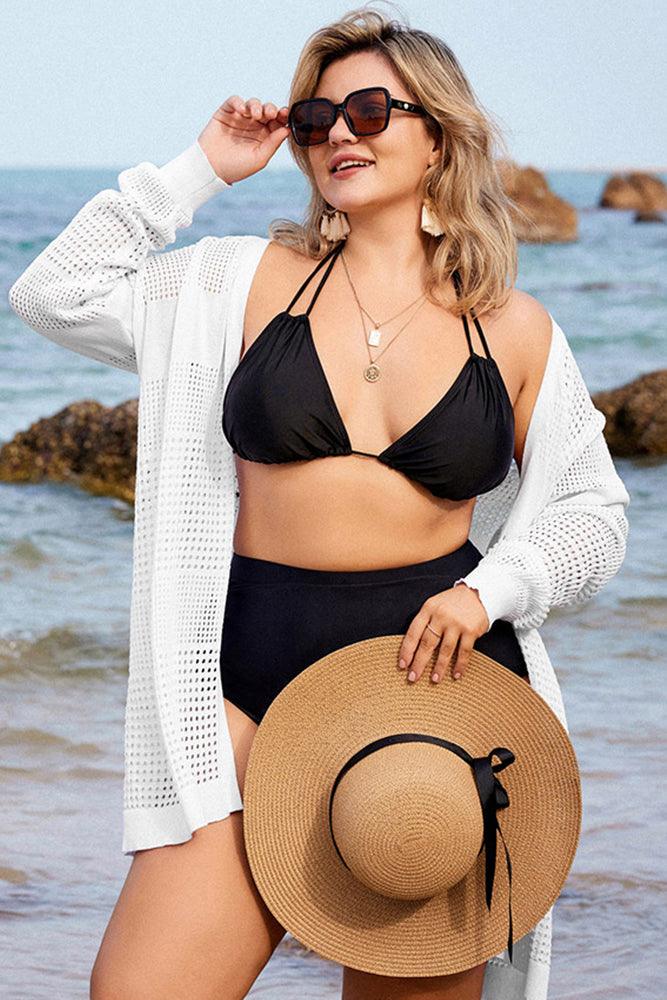 HN Women Plus Size Hollowed-out Cardigan Long Sleeve Open Front Knitwear - Hanna Nikole