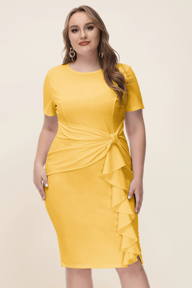 HN Women Plus Size Ruffle Decorated Bodycon Dress Short Sleeve Crew Neck - Hanna Nikole