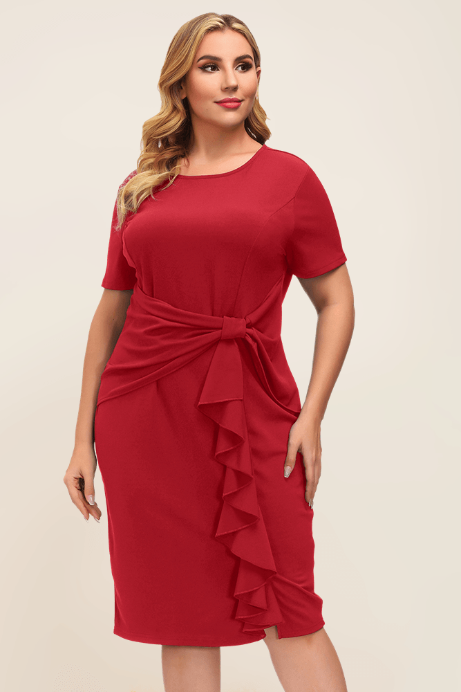 HN Women Plus Size Ruffle Decorated Bodycon Dress Short Sleeve Crew Neck - Hanna Nikole