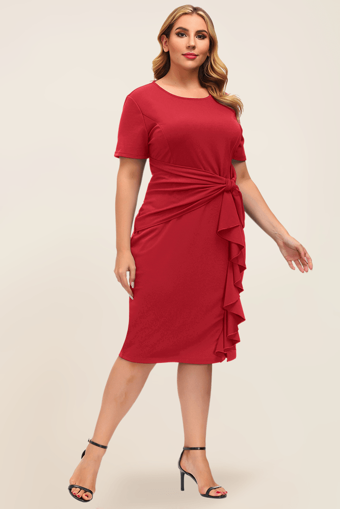 HN Women Plus Size Ruffle Decorated Bodycon Dress Short Sleeve Crew Neck - Hanna Nikole