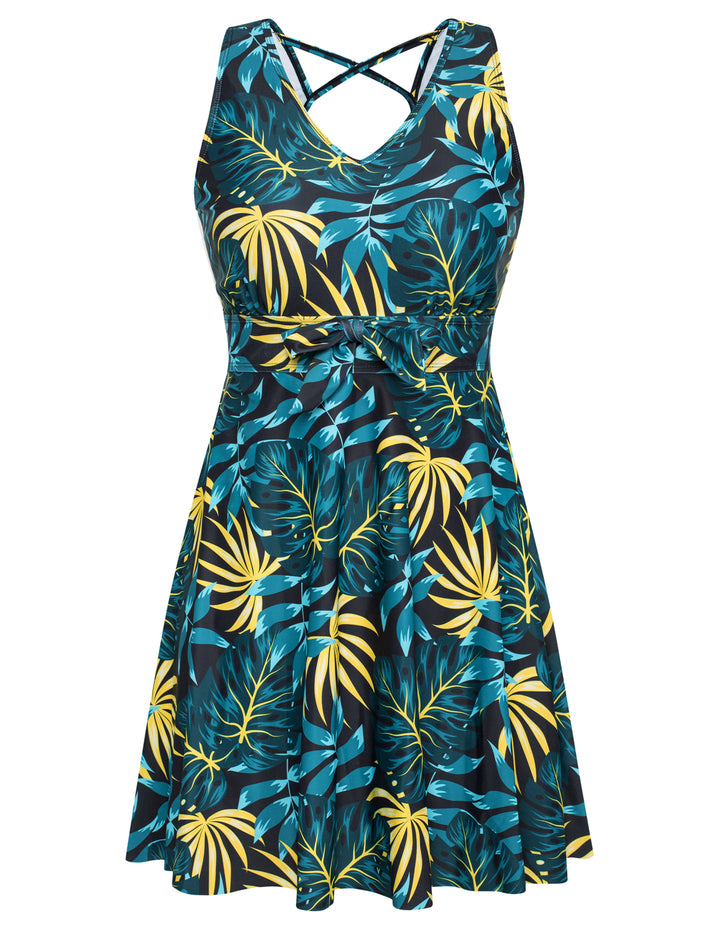 KK Women Separated Swimsuit Sleeveless V-Neck Swim Dress+Briefs Swimwear
