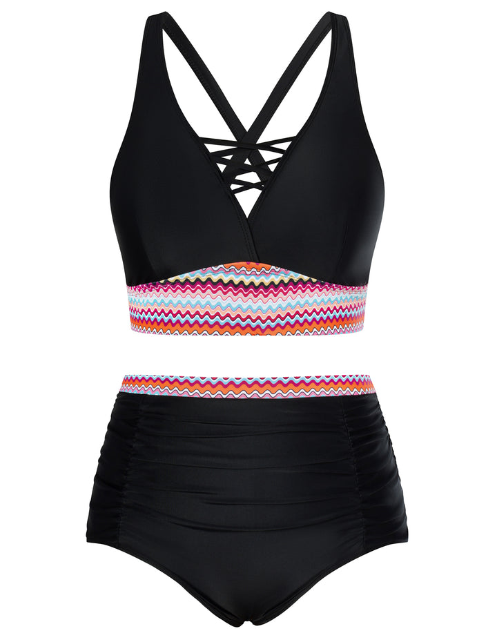 【SIZE Runs Small】 Hanna Nikole Bikini Sets for Women Plus Size Front Strappy Two Piece Bathing Suits High Waist Tummy Control Swimsuit