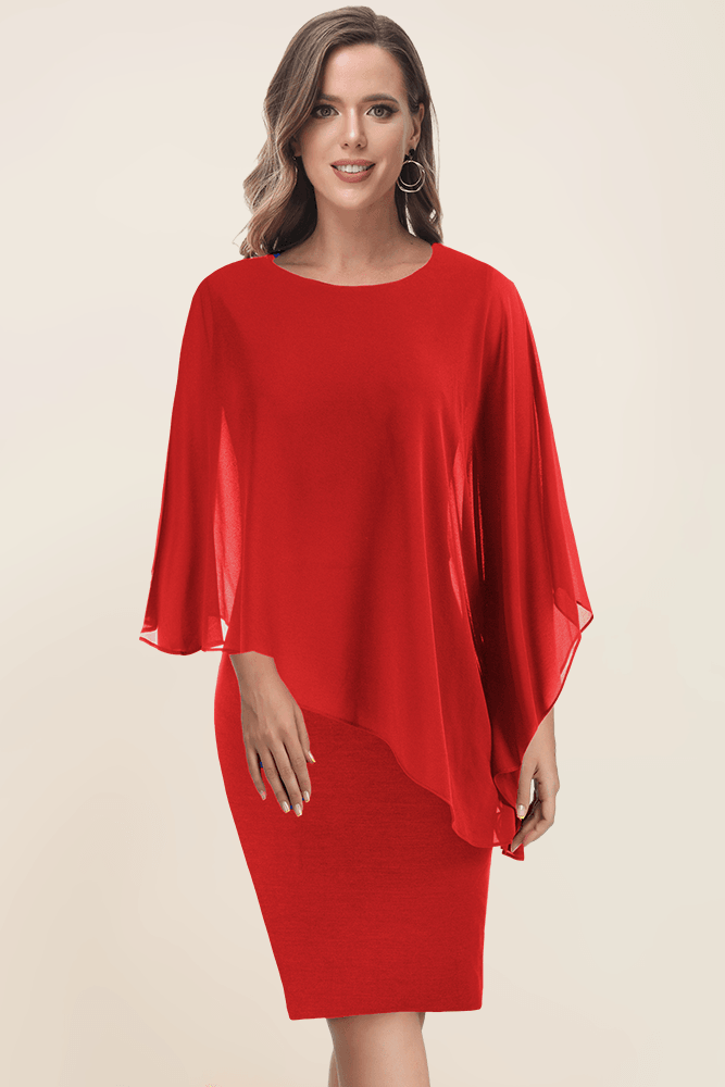 HN Women Chiffon Capelet Decorated Dress Crew Neck Knee Length Pencil Dress - Hanna Nikole