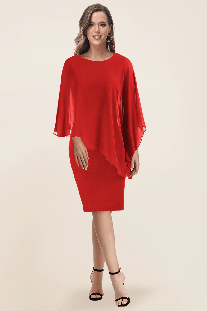 HN Women Chiffon Capelet Decorated Dress Crew Neck Knee Length Pencil Dress - Hanna Nikole