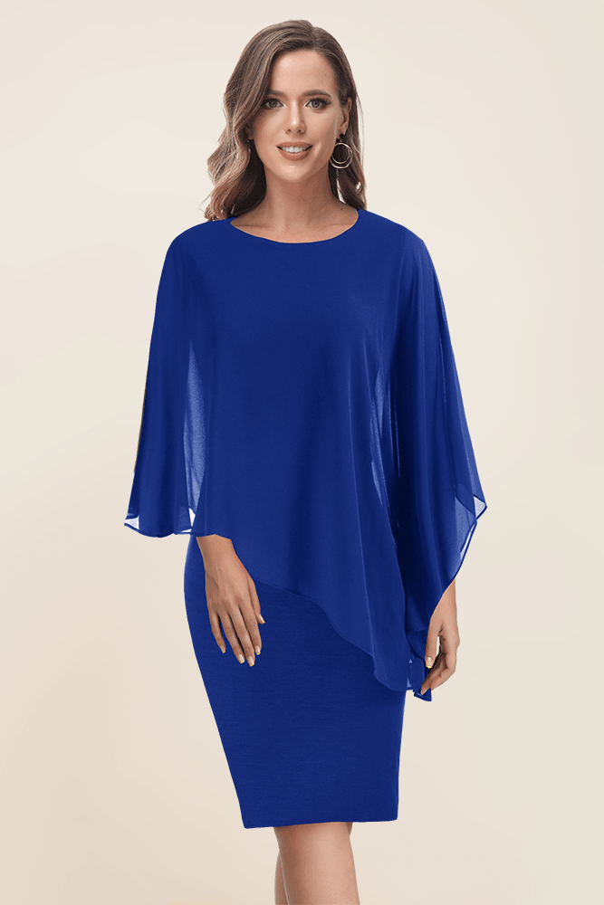 HN Women Chiffon Capelet Decorated Dress Crew Neck Knee Length Pencil Dress - Hanna Nikole