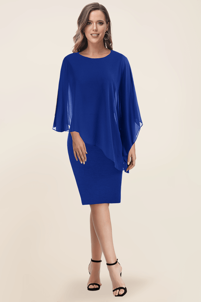 HN Women Chiffon Capelet Decorated Dress Crew Neck Knee Length Pencil Dress - Hanna Nikole