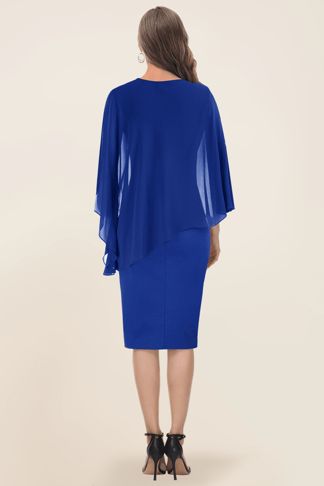 HN Women Chiffon Capelet Decorated Dress Crew Neck Knee Length Pencil Dress - Hanna Nikole