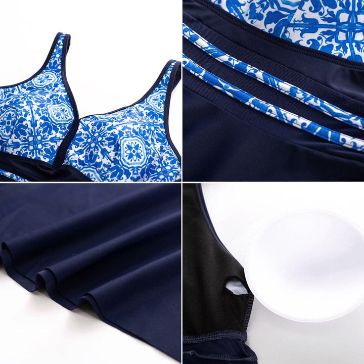 HN Women Plus Size 2pcs Set Swimsuit V-Neck Padded A-Line Tops+Boxer Briefs - Hanna Nikole#color_blue-white-porcelain