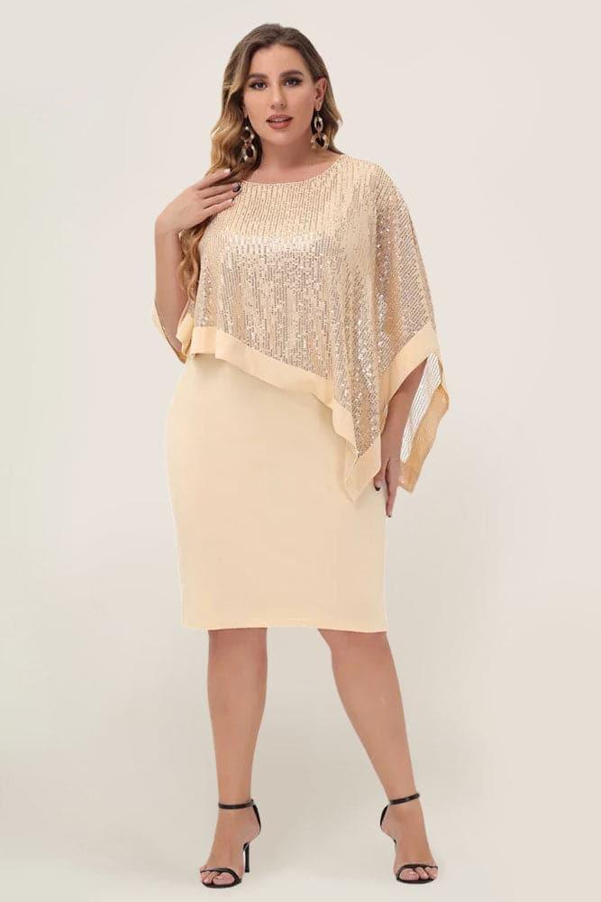 Champagne Sequined Capelet Decorated Scoop Neck Bodycon Dress - Hanna Nikole