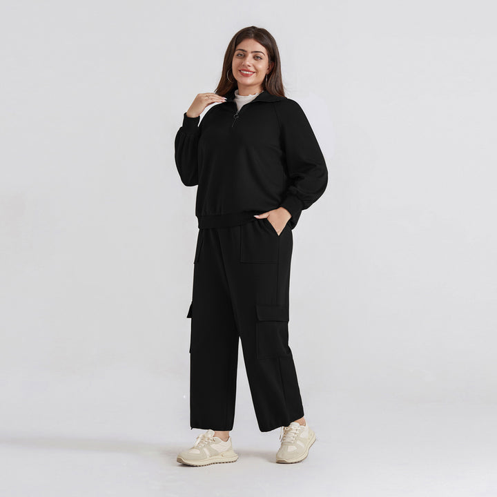 HN Women Plus Size 2pcs Set Outfits Casual Lapel Collar Tops+Wide-Leg Pants