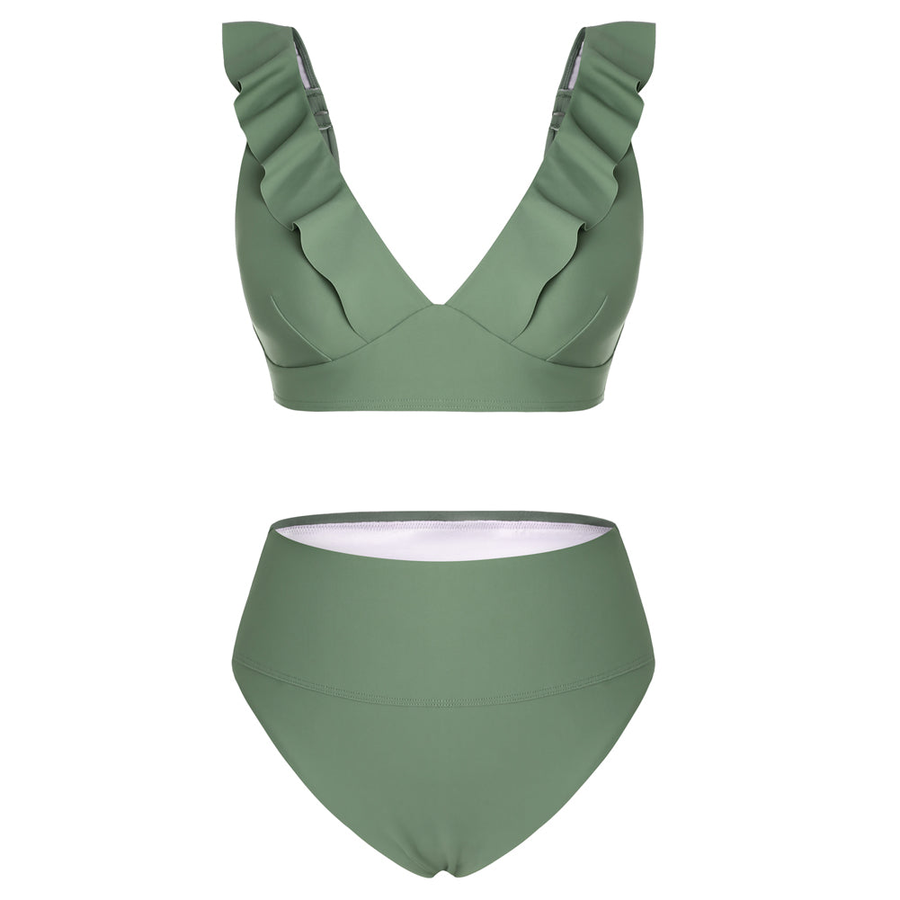HN Women 2pcs Set Swimsuit Plunging V-Neck Padded Swim Tops+High Waist Briefs