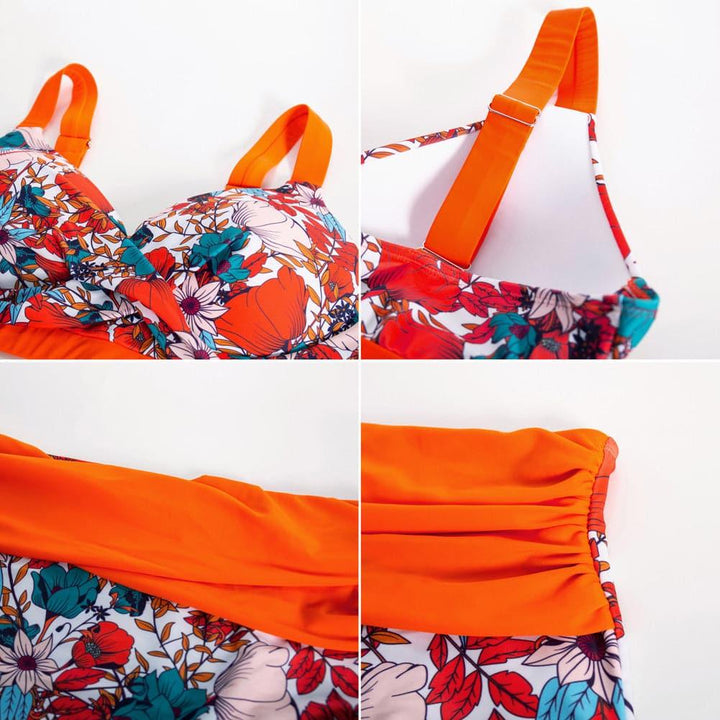 HN Women Plus Size 2pcs Set Swimsuit Cross Over Padded Tops+High Waist Briefs - Hanna Nikole#color_orange-flower