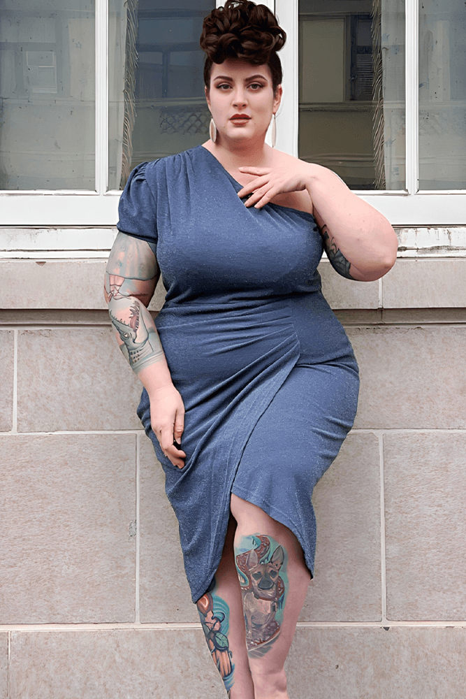 Women Plus Size Wrap Hem Party Dress Short Sleeve One-Shoulder Dress - Hanna Nikole