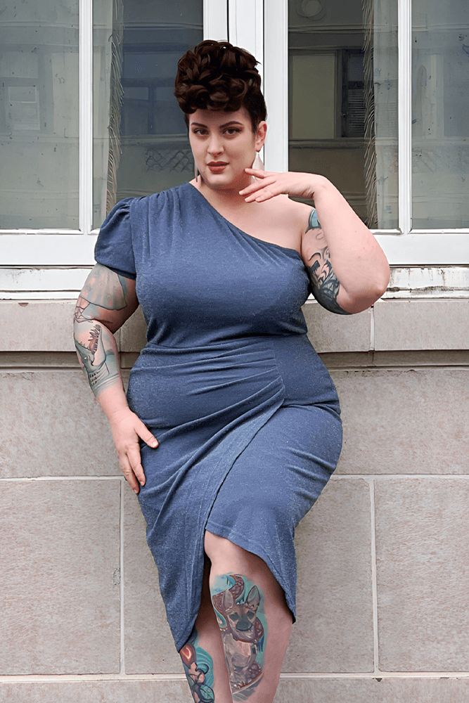 Women Plus Size Wrap Hem Party Dress Short Sleeve One-Shoulder Dress - Hanna Nikole