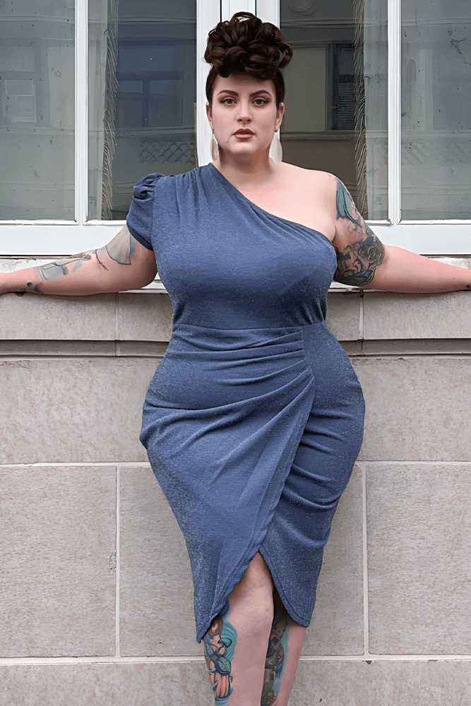 Women Plus Size Wrap Hem Party Dress Short Sleeve One-Shoulder