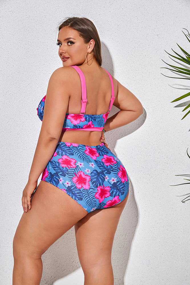 HN Women Plus Size 2pcs Set Swimsuit Cross Over Padded Tops+High Waist Briefs - Hanna Nikole#color_blue-flower