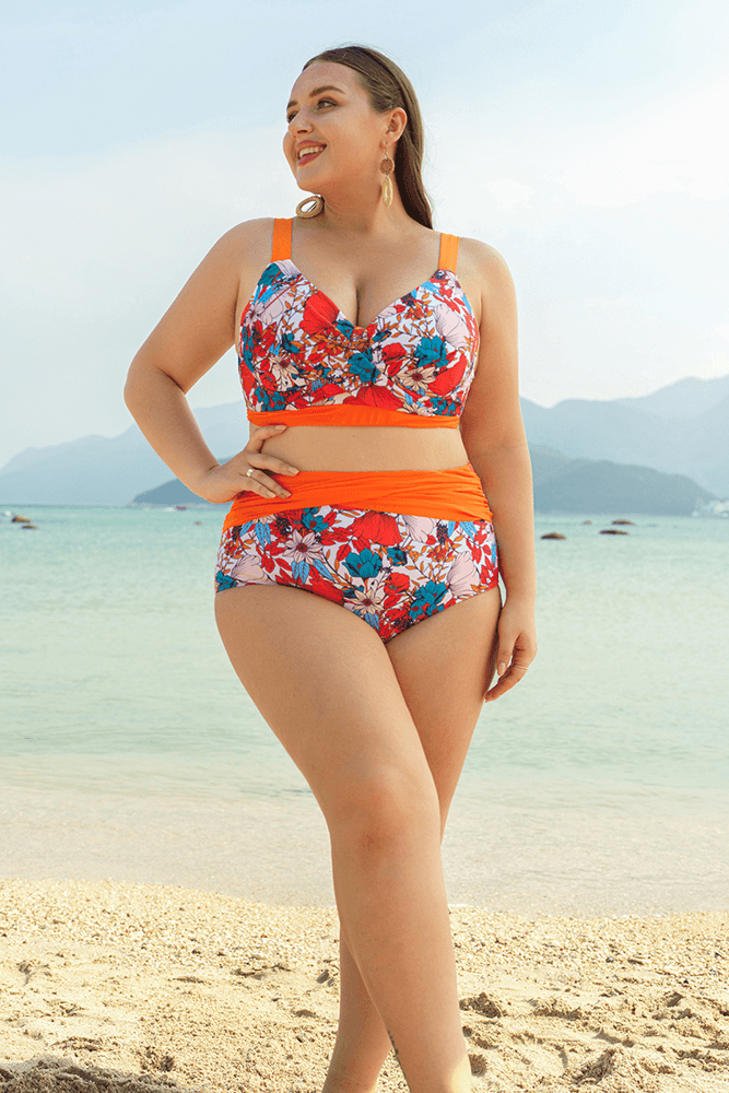 HN Women Plus Size 2pcs Set Swimsuit Cross Over Padded Tops+High Waist Briefs - Hanna Nikole#color_orange-flower