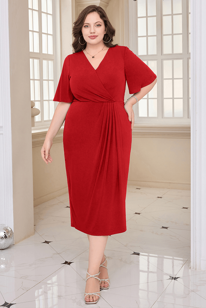 HN Wrap Casual Short Sleeve V-Neck Straight Midi Dress - Hanna Nikole#color_red