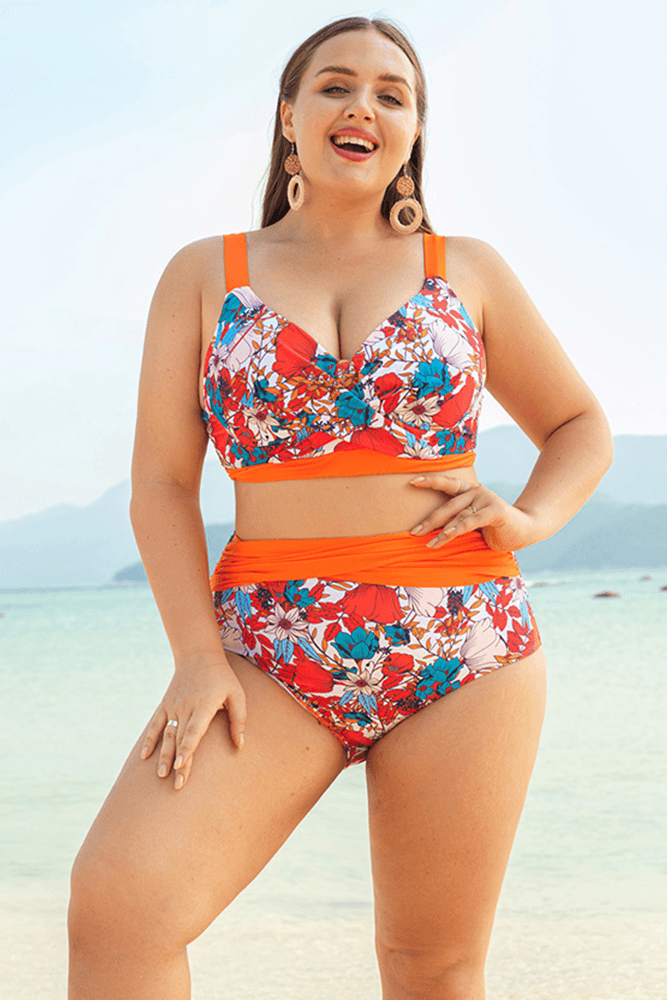 HN Women Plus Size 2pcs Set Swimsuit Cross Over Padded Tops+High Waist Briefs - Hanna Nikole#color_orange-flower