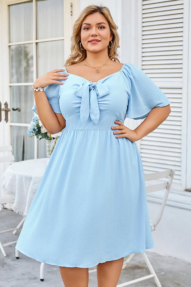 Women Plus Size Flounce Sleeve Midi Dress V-Neck Flared A-Line Dress - Hanna Nikole