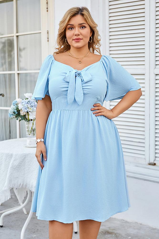 Women Plus Size Flounce Sleeve Midi Dress V-Neck Flared A-Line Dress - Hanna Nikole