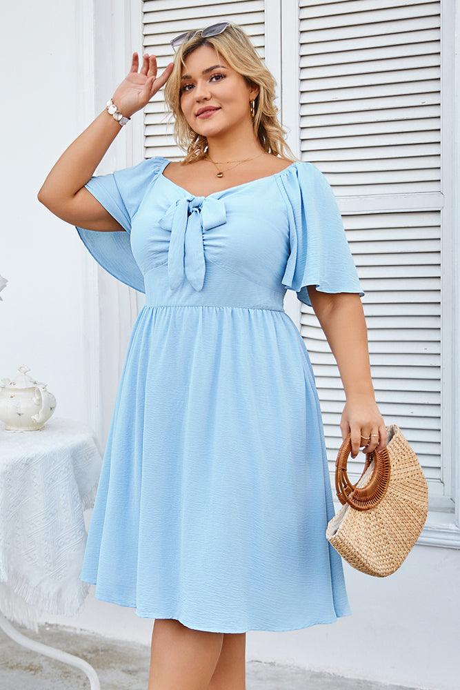 Women Plus Size Flounce Sleeve Midi Dress V-Neck Flared A-Line Dress - Hanna Nikole