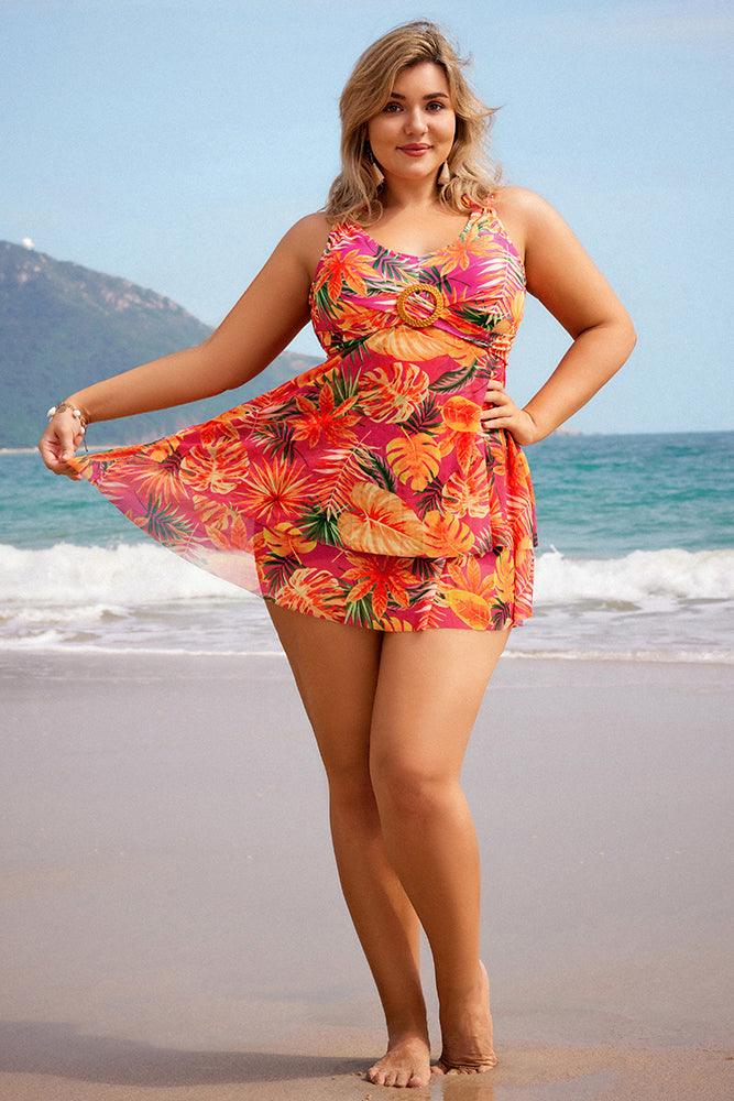 HN Women Plus Size 2pcs Set Swimsuit V-Neck Padded Swim Dress+Briefs Swimwear - Hanna Nikole#color_rose-red-print-flower