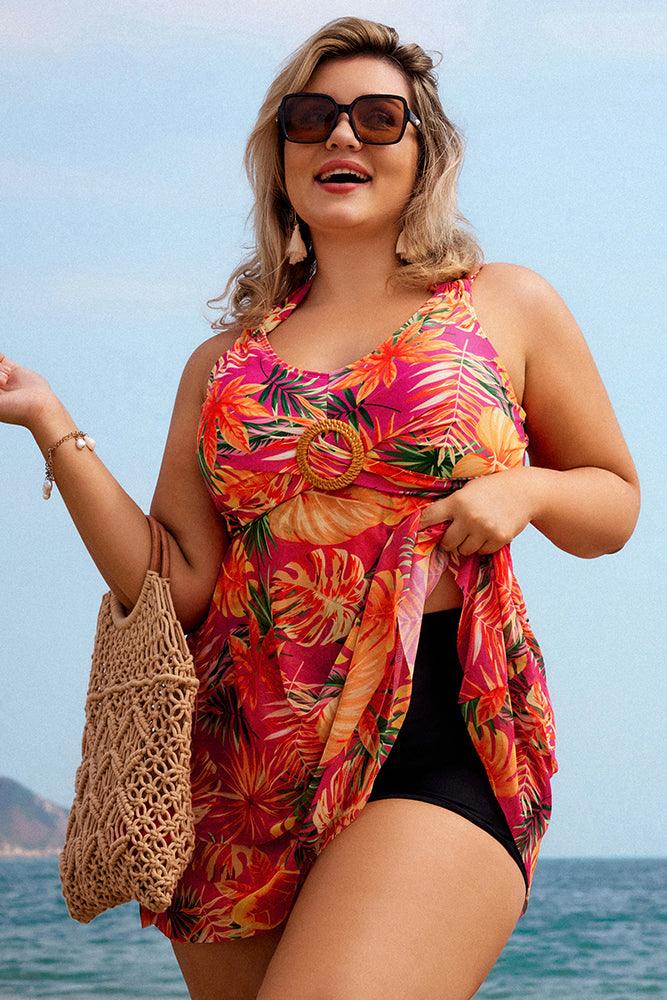 HN Women Plus Size 2pcs Set Swimsuit V-Neck Padded Swim Dress+Briefs Swimwear - Hanna Nikole#color_rose-red-print-flower