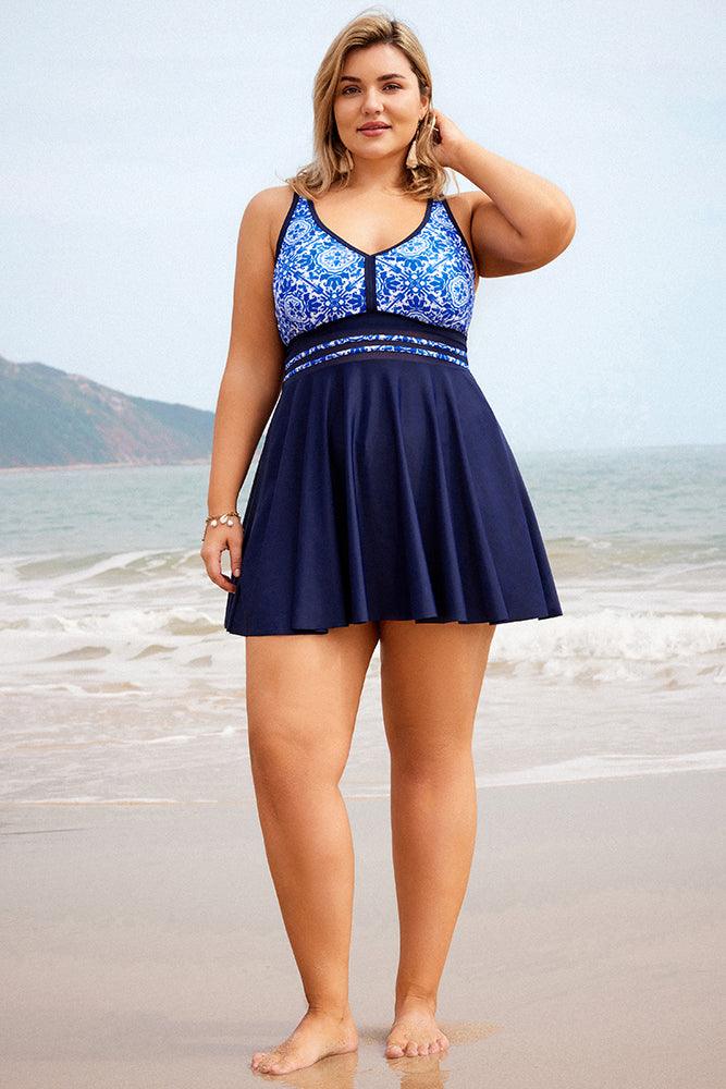 HN Women Plus Size 2pcs Set Swimsuit V-Neck Padded A-Line Tops+Boxer Briefs - Hanna Nikole#color_blue-white-porcelain