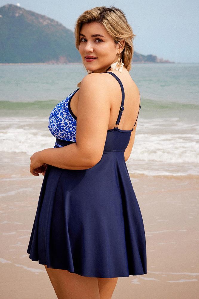 HN Women Plus Size 2pcs Set Swimsuit V-Neck Padded A-Line Tops+Boxer Briefs - Hanna Nikole#color_blue-white-porcelain