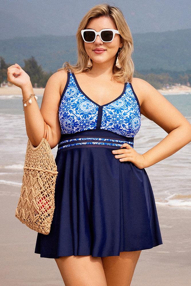 HN Women Plus Size 2pcs Set Swimsuit V-Neck Padded A-Line Tops+Boxer Briefs - Hanna Nikole#color_blue-white-porcelain