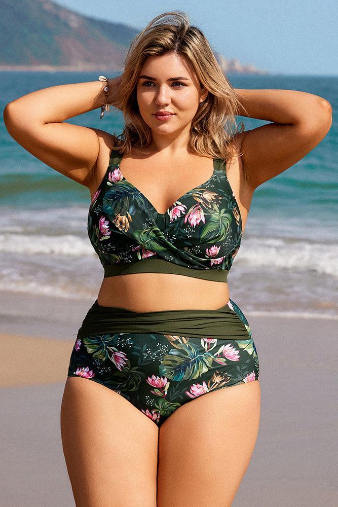 HN Women Plus Size 2pcs Set Swimsuit Cross Over Padded Tops+High Waist Briefs - Hanna Nikole