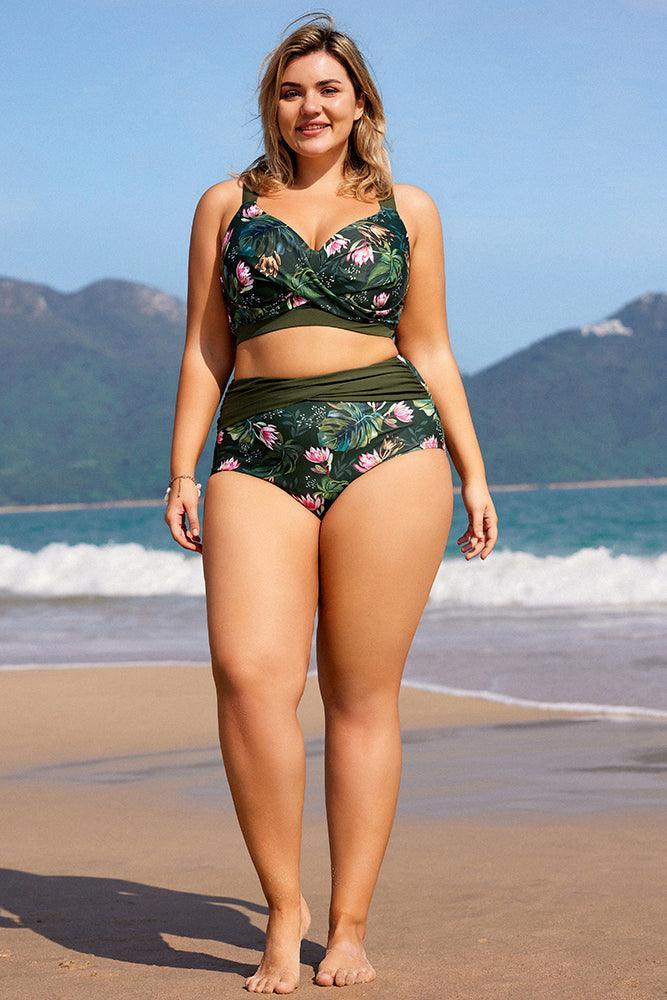 HN Women Plus Size 2pcs Set Swimsuit Cross Over Padded Tops+High Waist Briefs - Hanna Nikole