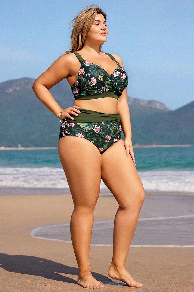HN Women Plus Size 2pcs Set Swimsuit Cross Over Padded Tops+High Waist Briefs - Hanna Nikole