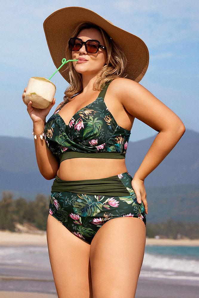 HN Women Plus Size 2pcs Set Swimsuit Cross Over Padded Tops+High Waist Briefs - Hanna Nikole