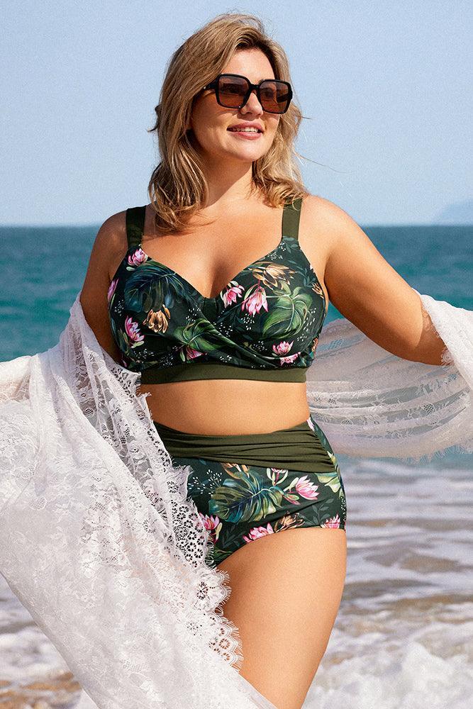 HN Women Plus Size 2pcs Set Swimsuit Cross Over Padded Tops+High Waist Briefs - Hanna Nikole