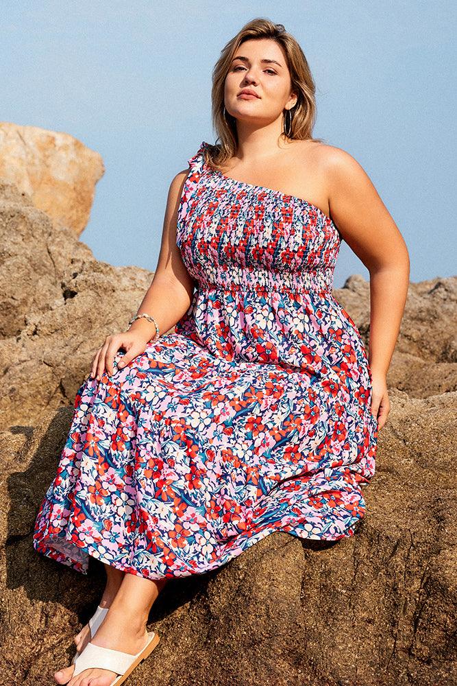 Women Plus Size Elastic Waist Midi Dress One-Shoulder A-Line Dress - Hanna Nikole#color_pink-flower