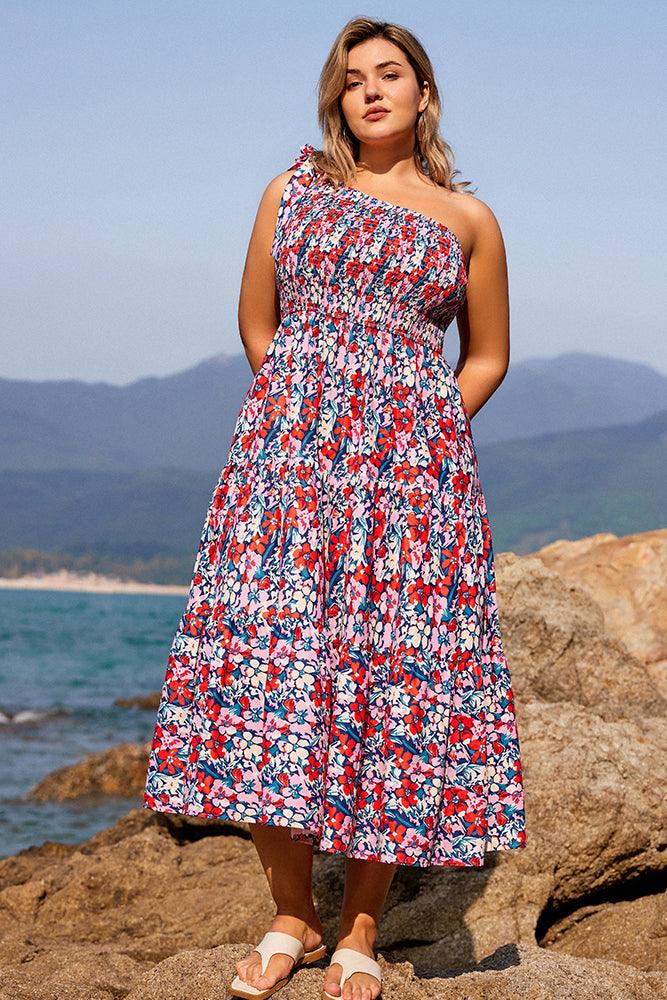 Women Plus Size Elastic Waist Midi Dress One-Shoulder A-Line Dress - Hanna Nikole#color_pink-flower