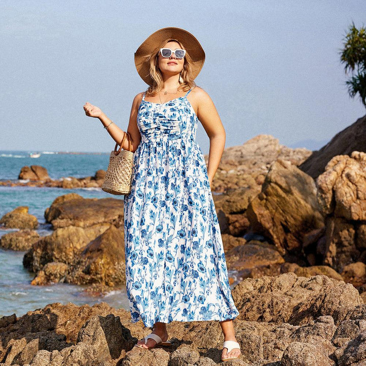 HN Women Plus Size V-Neck Maxi Dress Spaghetti Straps Ruched A-Line Dress - Hanna Nikole