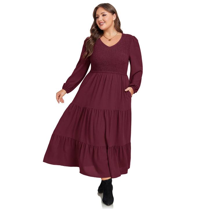 HN Women Plus Size Elastic Waist Dress Long Sleeve V-Neck Tiered A-Line Dress