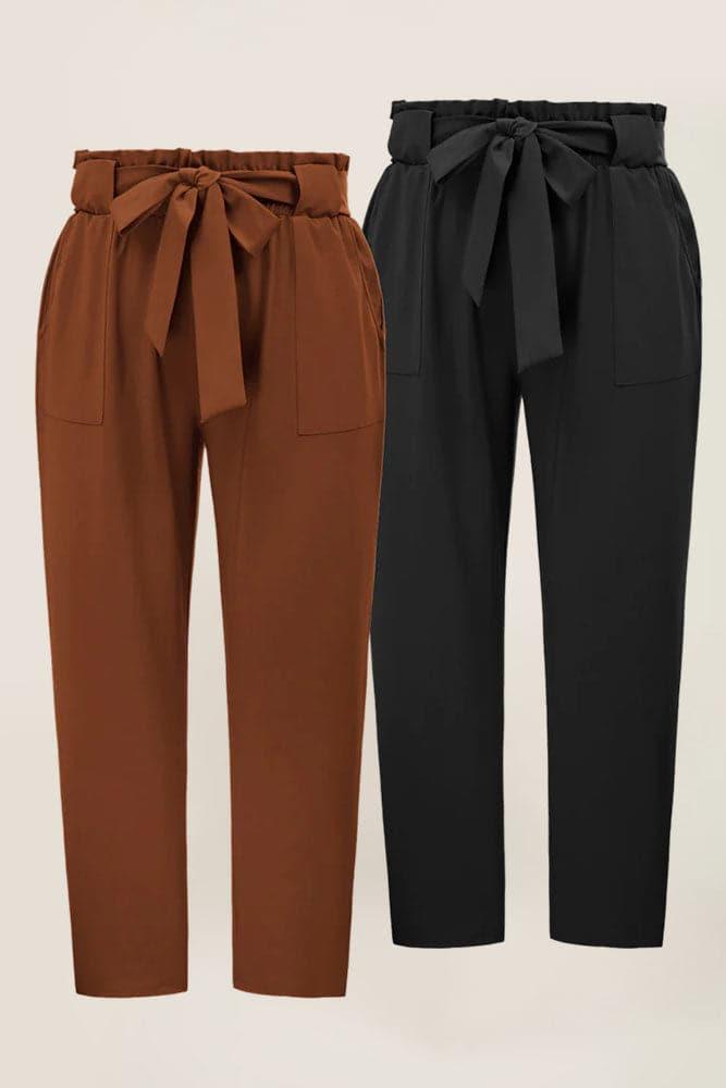 HN Women 2pcs-Pack Cropped Pants with Belt Casual Elastic Waist