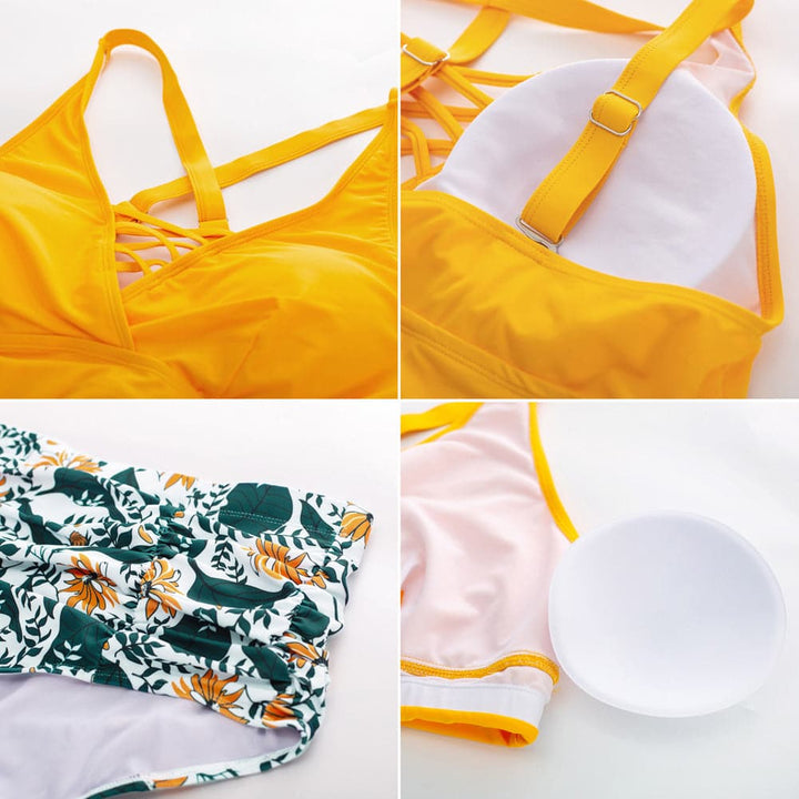 HN Women Plus Size 2pcs Set Swimsuit Cross Back Padded Tops+Ruched Briefs - Hanna Nikole