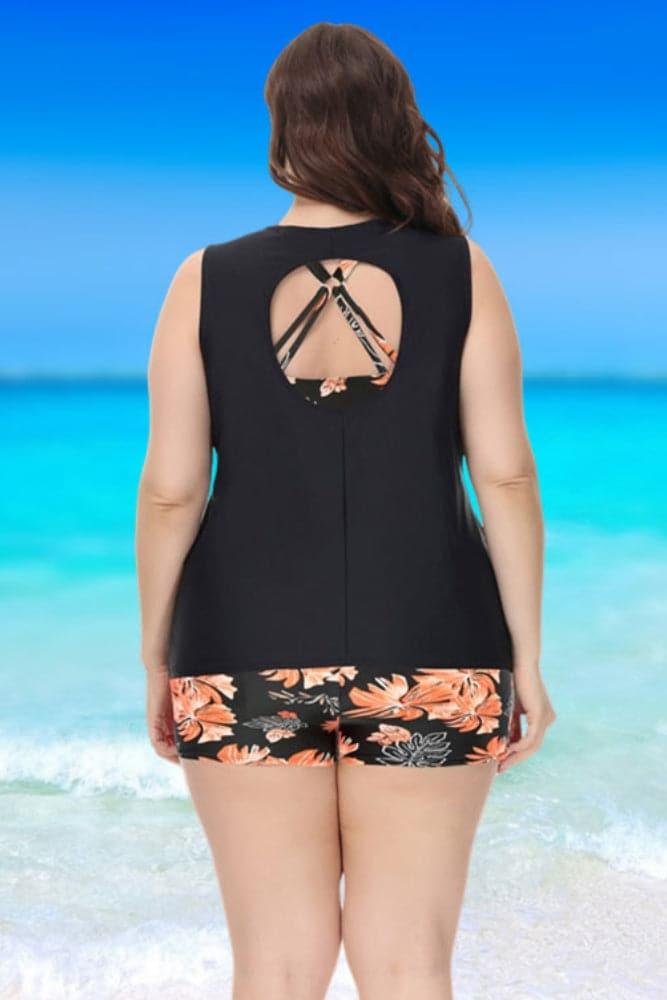 Black&Floral Hollowed-Out 3pcs Tankini Set - Hanna Nikole