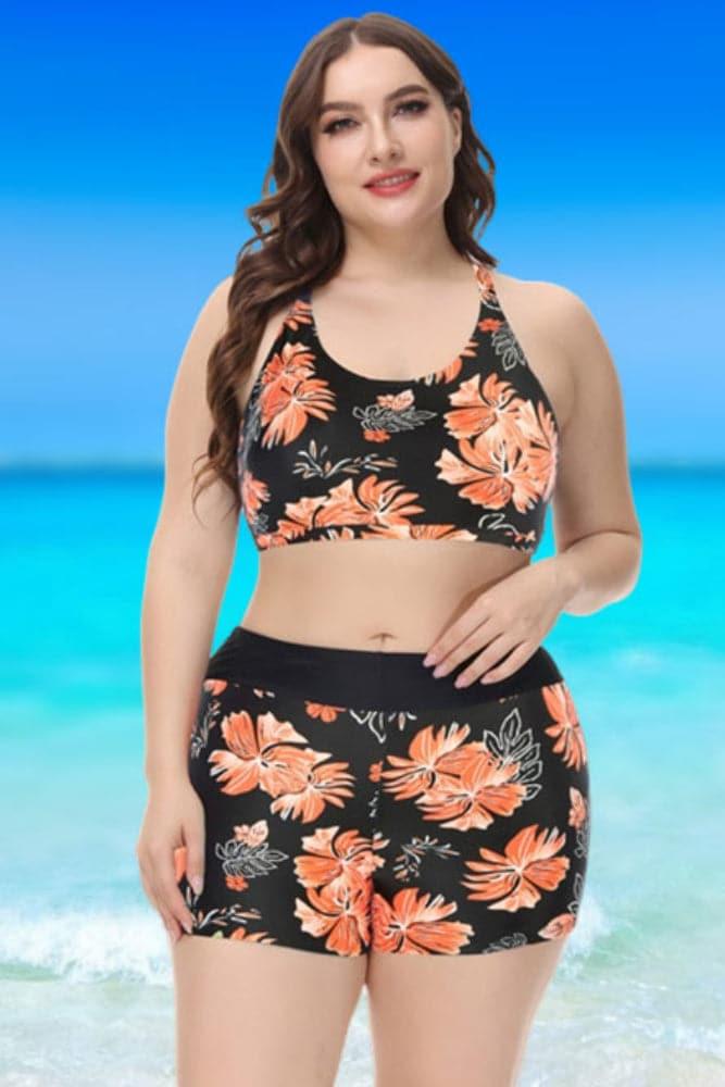 Black&Floral Hollowed-Out 3pcs Tankini Set - Hanna Nikole