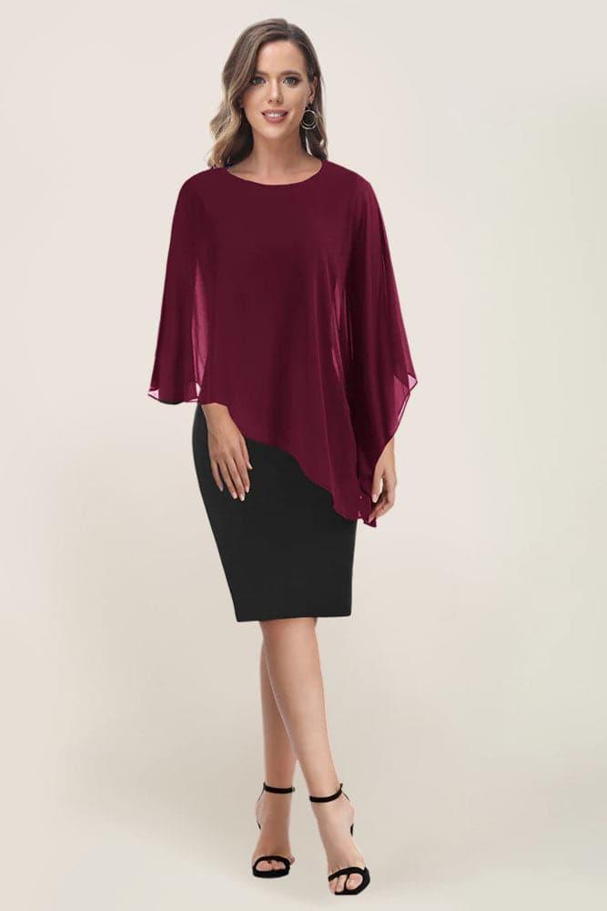 HN Women Chiffon Capelet Decorated Dress Crew Neck Knee Length Pencil Dress - Hanna Nikole