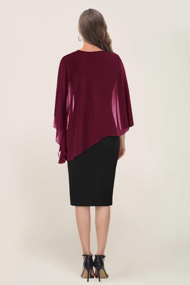 HN Women Chiffon Capelet Decorated Dress Crew Neck Knee Length Pencil Dress - Hanna Nikole