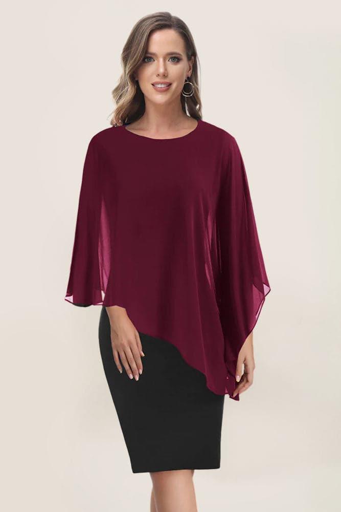 HN Women Chiffon Capelet Decorated Dress Crew Neck Knee Length Pencil Dress - Hanna Nikole