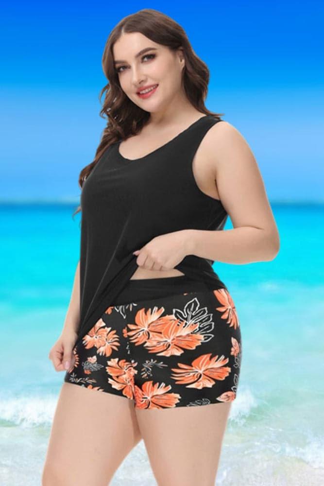 Black&Floral Hollowed-Out 3pcs Tankini Set - Hanna Nikole