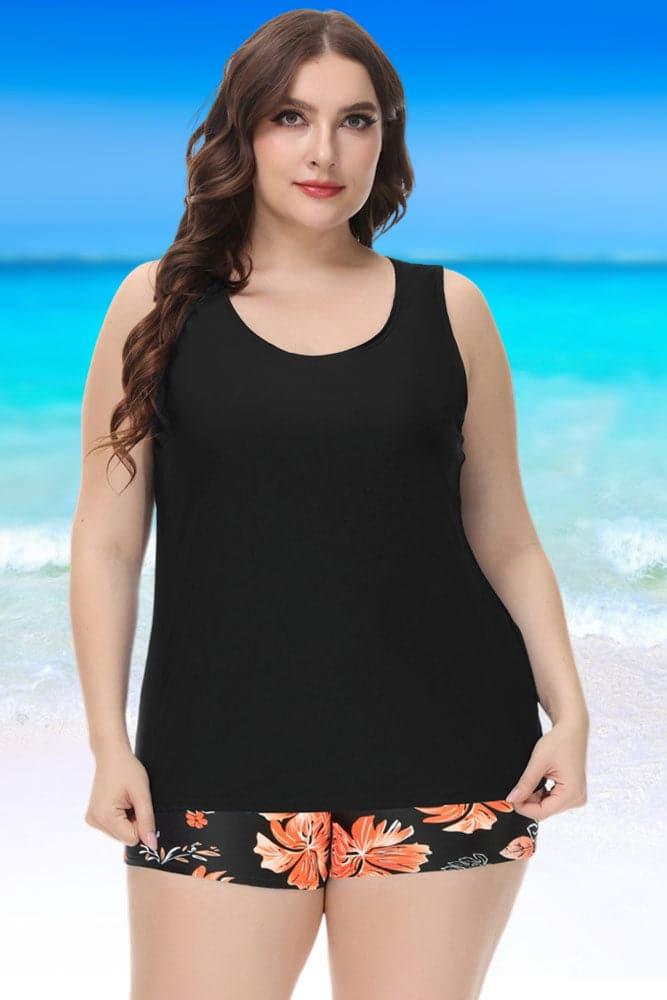 Black&Floral Hollowed-Out 3pcs Tankini Set - Hanna Nikole